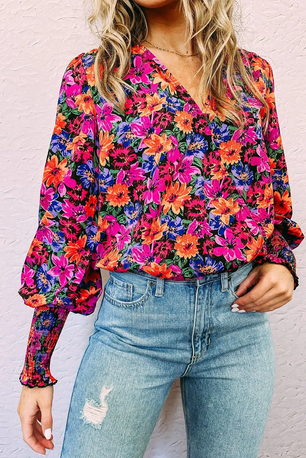 Red Floral Print Wrap V Neck Long Sleeve Bodysuit