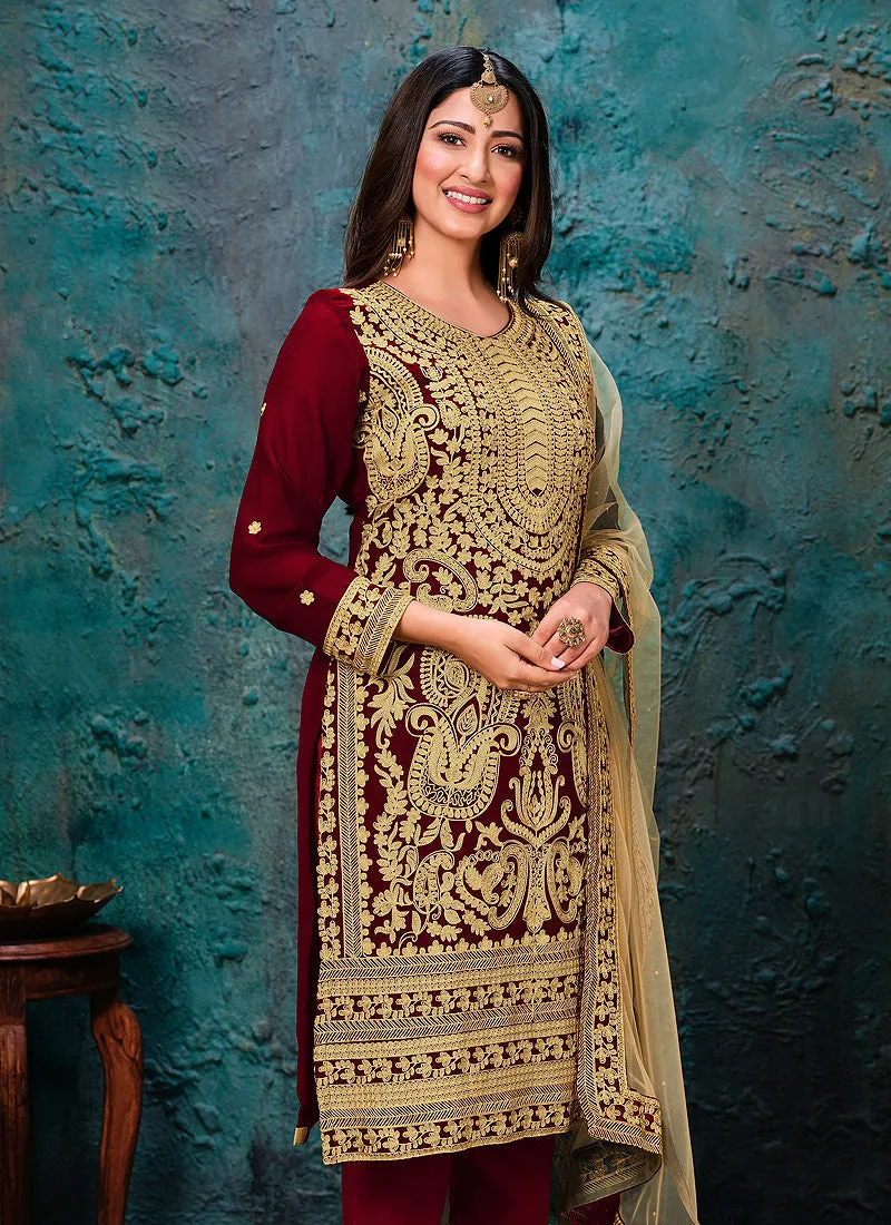 Red Golden Embroidered Pant Style Suit