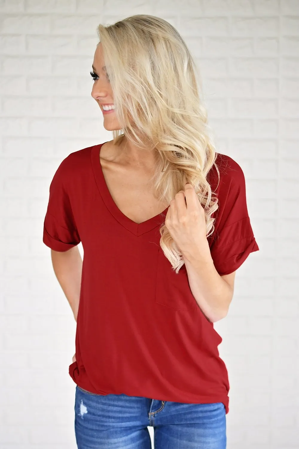Red V-Neck Pocket Tee