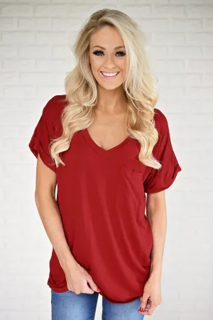 Red V-Neck Pocket Tee