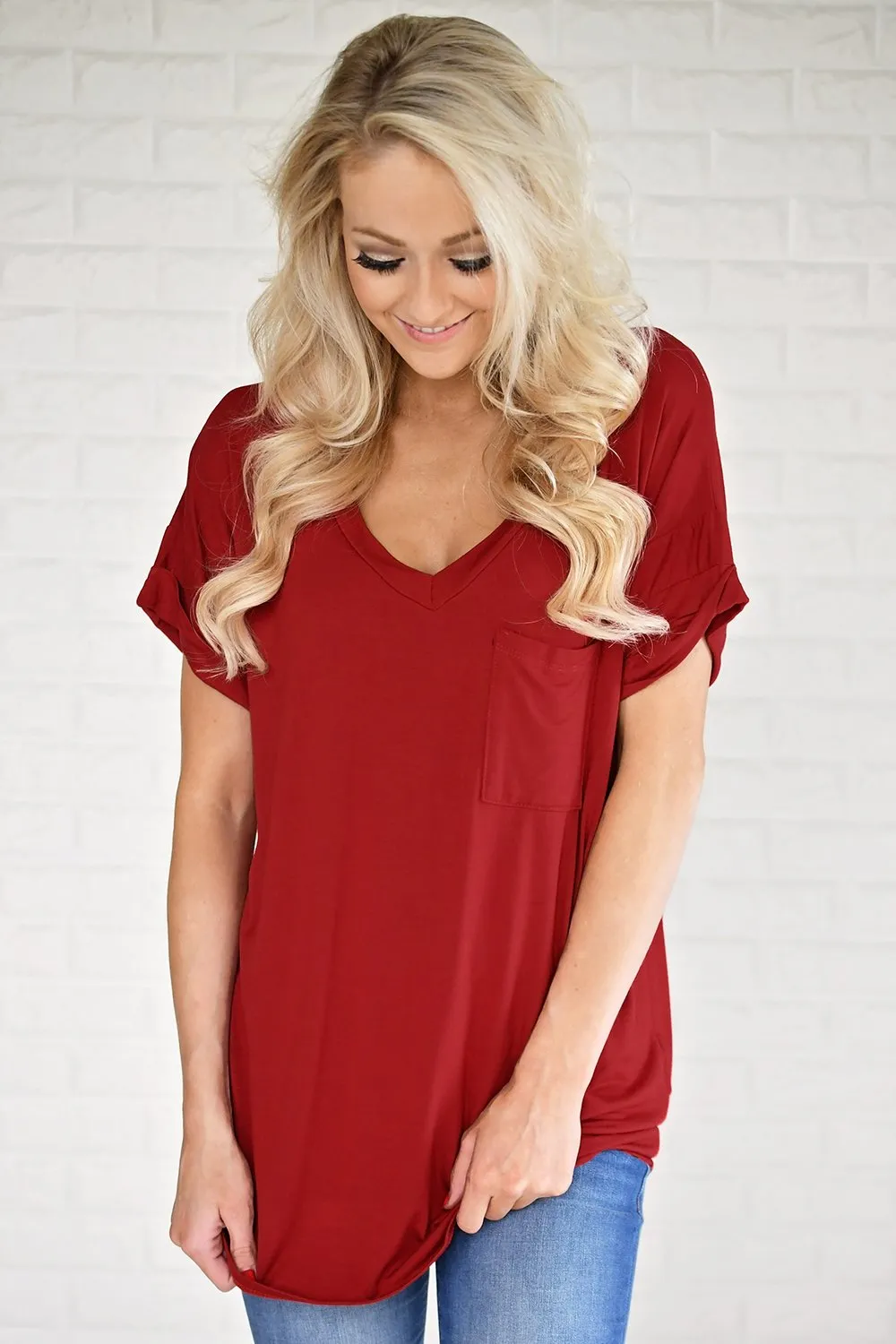 Red V-Neck Pocket Tee