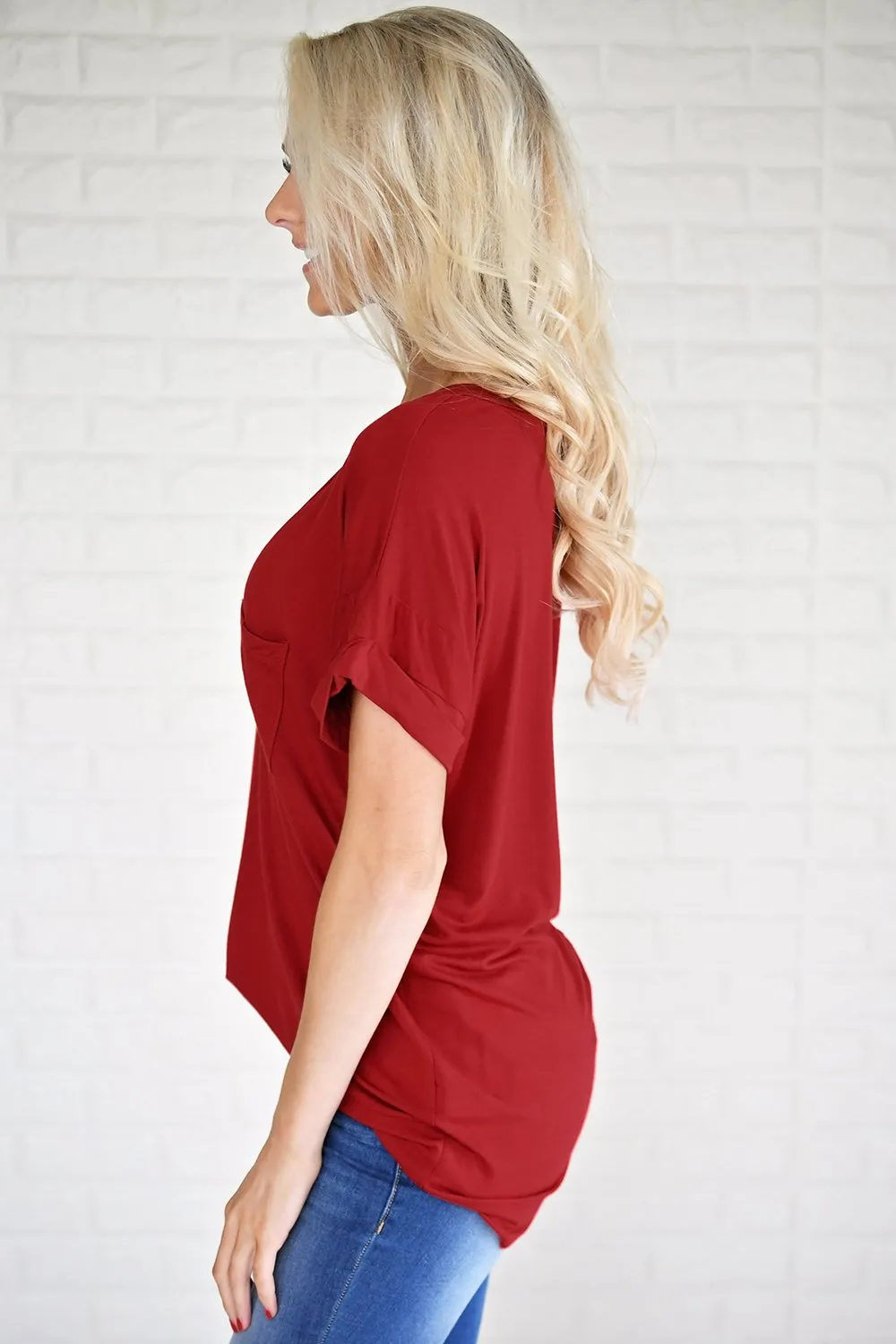 Red V-Neck Pocket Tee