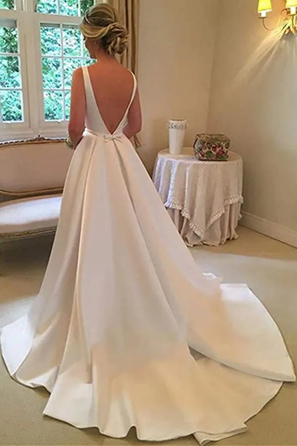 Retro Satin Ball Gown Scoop Open Back Wedding Dresses, Bride Dresses, SW352