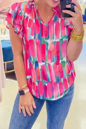 Rose Abstract Print Ruffled Short Sleeve Frill V Neck Blouse