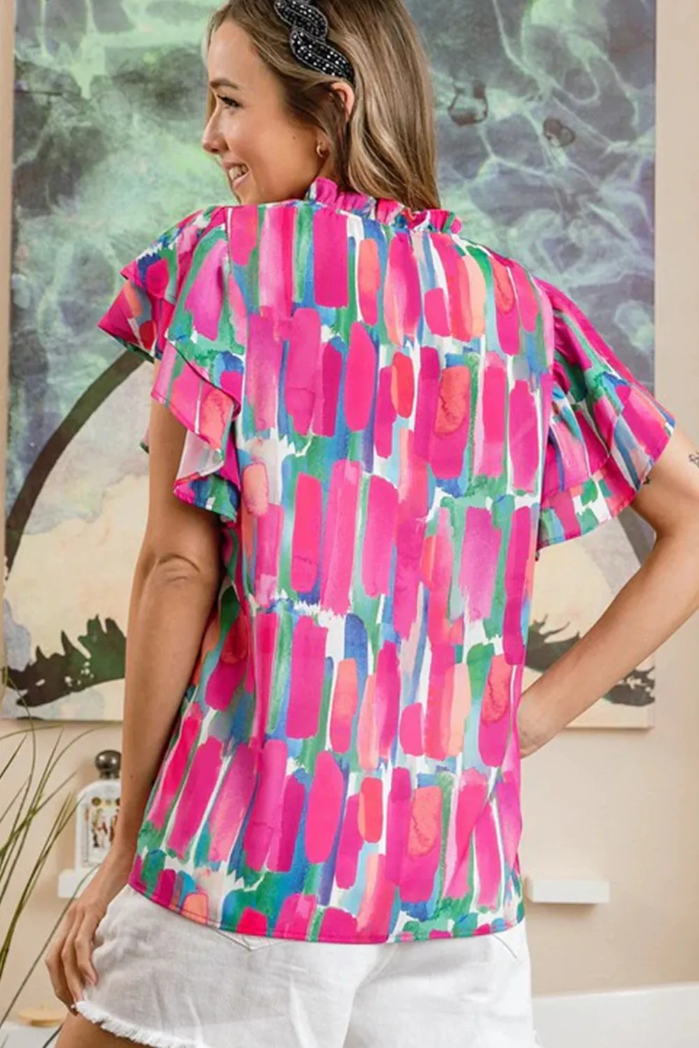 Rose Abstract Print Ruffled Short Sleeve Frill V Neck Blouse