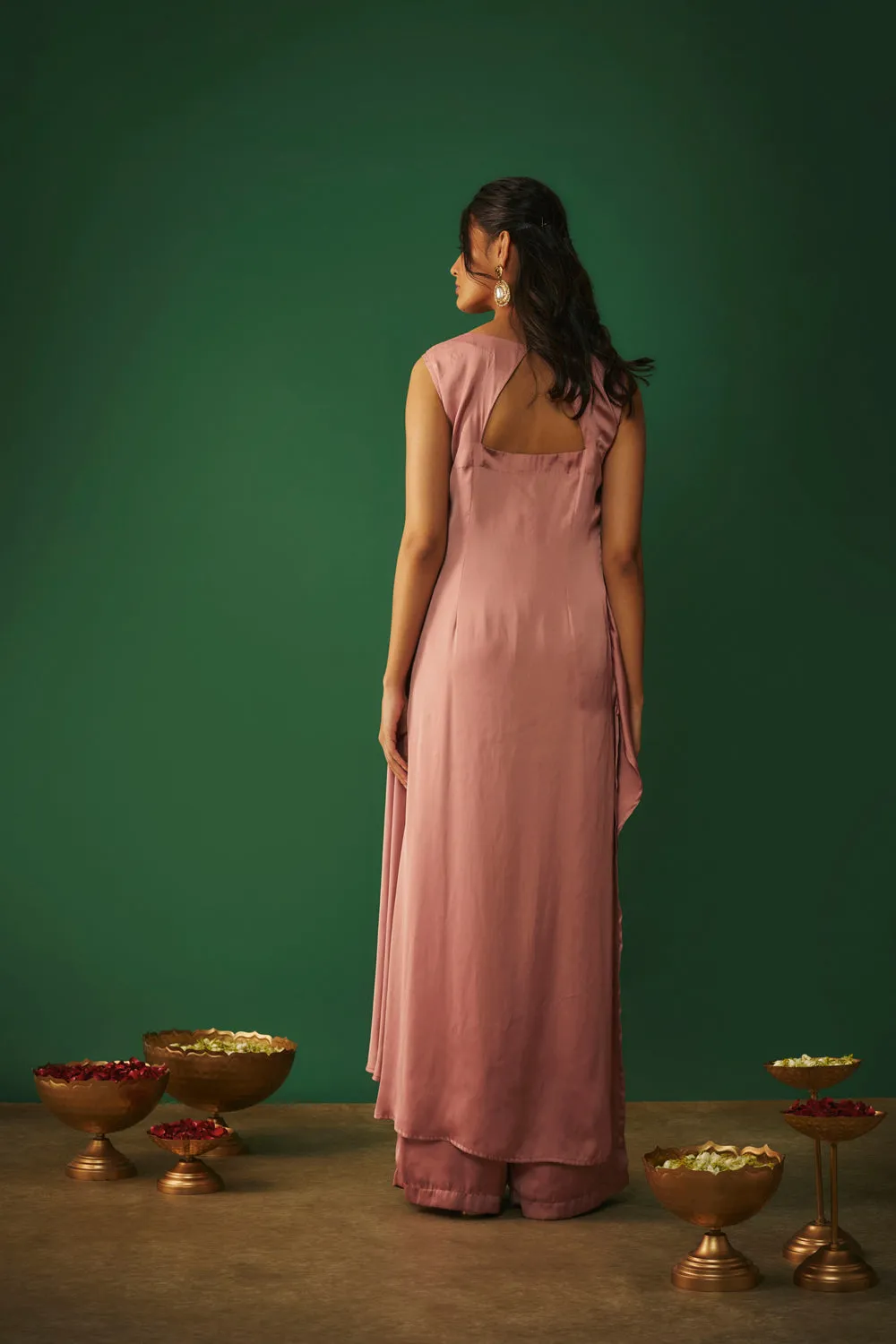 Rose Pink Embroidered Asymmtrical Kurta And Pants Set