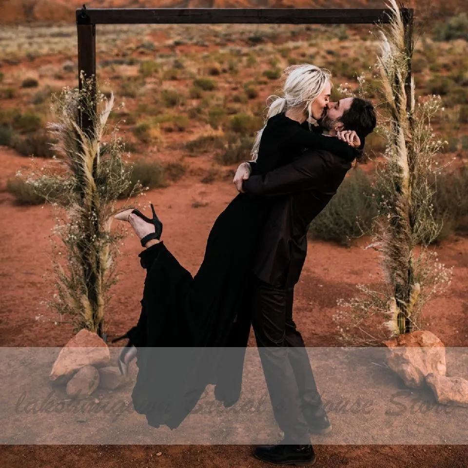 Roycebridal Simple Sexy Black Wedding Dress Long Sleeves