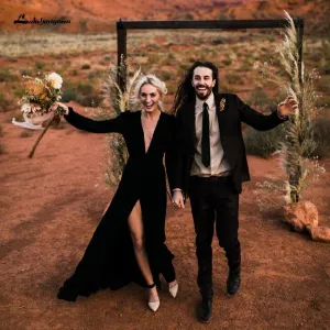 Roycebridal Simple Sexy Black Wedding Dress Long Sleeves
