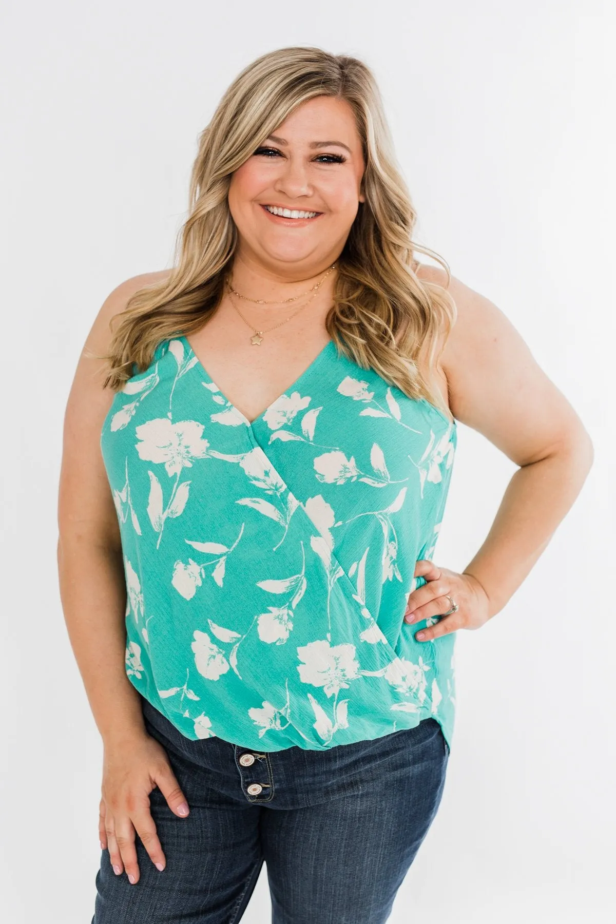 See You Smile Floral Wrap Tank Top- Turquoise