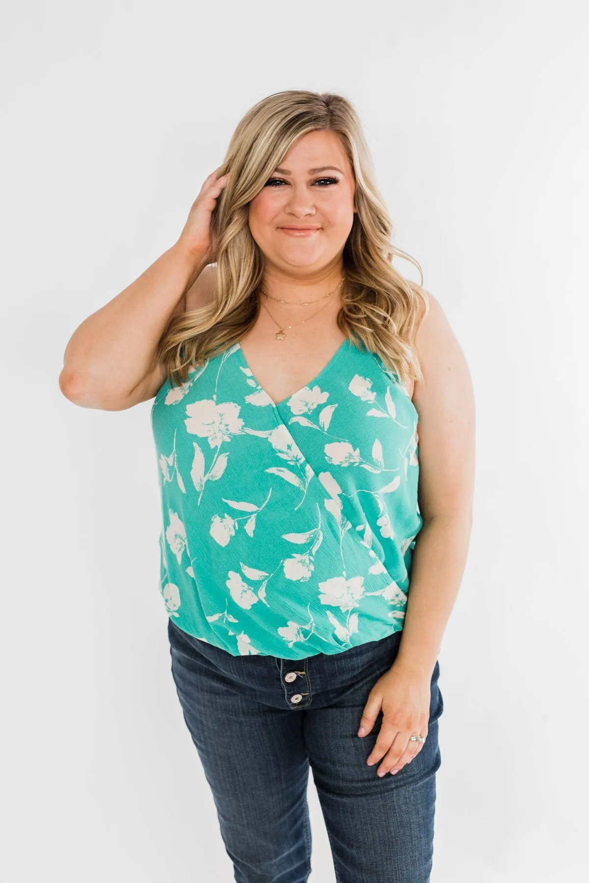 See You Smile Floral Wrap Tank Top- Turquoise