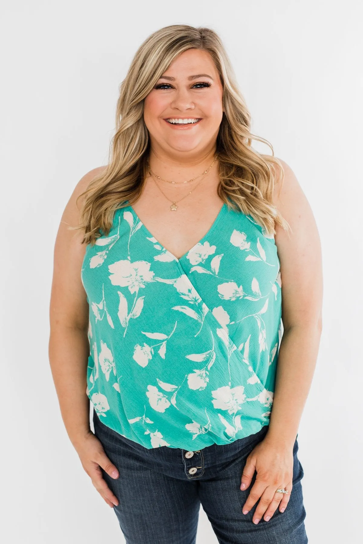 See You Smile Floral Wrap Tank Top- Turquoise