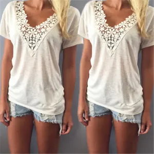 Sexy Fashion Women Summer Deep V Neck Thin Shirt Lace Neck Casual Loose Short Sleeve Blouse Tank Tops Shirt