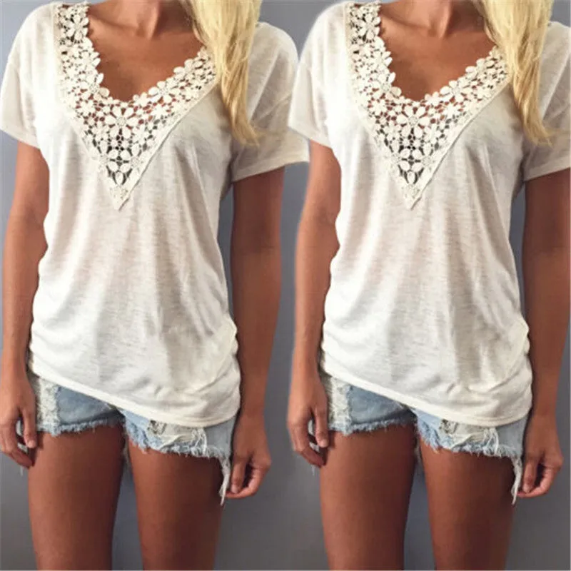 Sexy Fashion Women Summer Deep V Neck Thin Shirt Lace Neck Casual Loose Short Sleeve Blouse Tank Tops Shirt