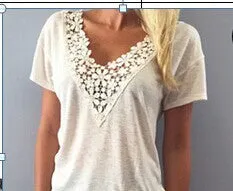 Sexy Fashion Women Summer Deep V Neck Thin Shirt Lace Neck Casual Loose Short Sleeve Blouse Tank Tops Shirt
