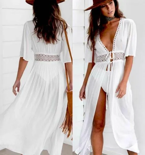Sexy Ladies Women Solid White Bikini Cover up Beach Dress Swimwear Chiffon Beachwear Bathing Suit Summer Holiday Kimono Cardigan