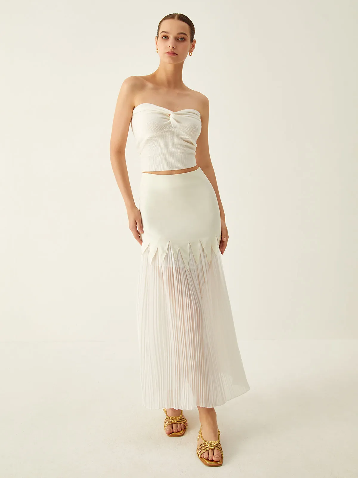 Sheer Pleated Midi Skirt
