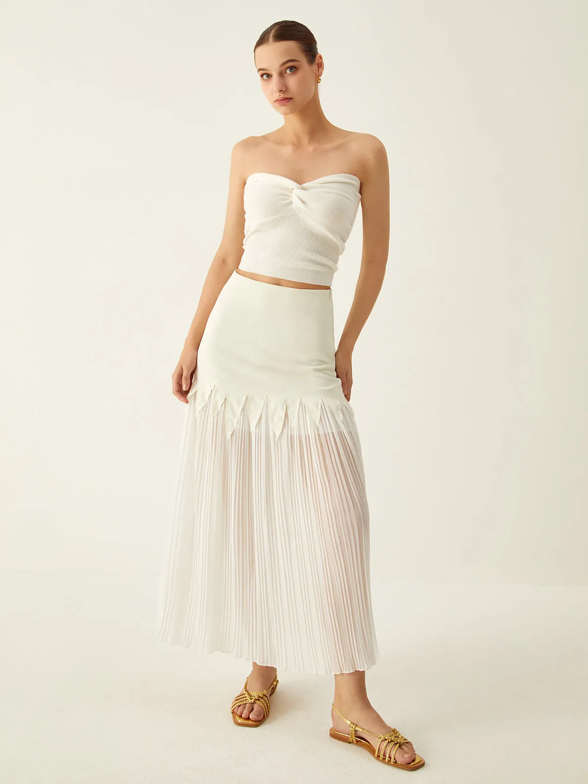 Sheer Pleated Midi Skirt