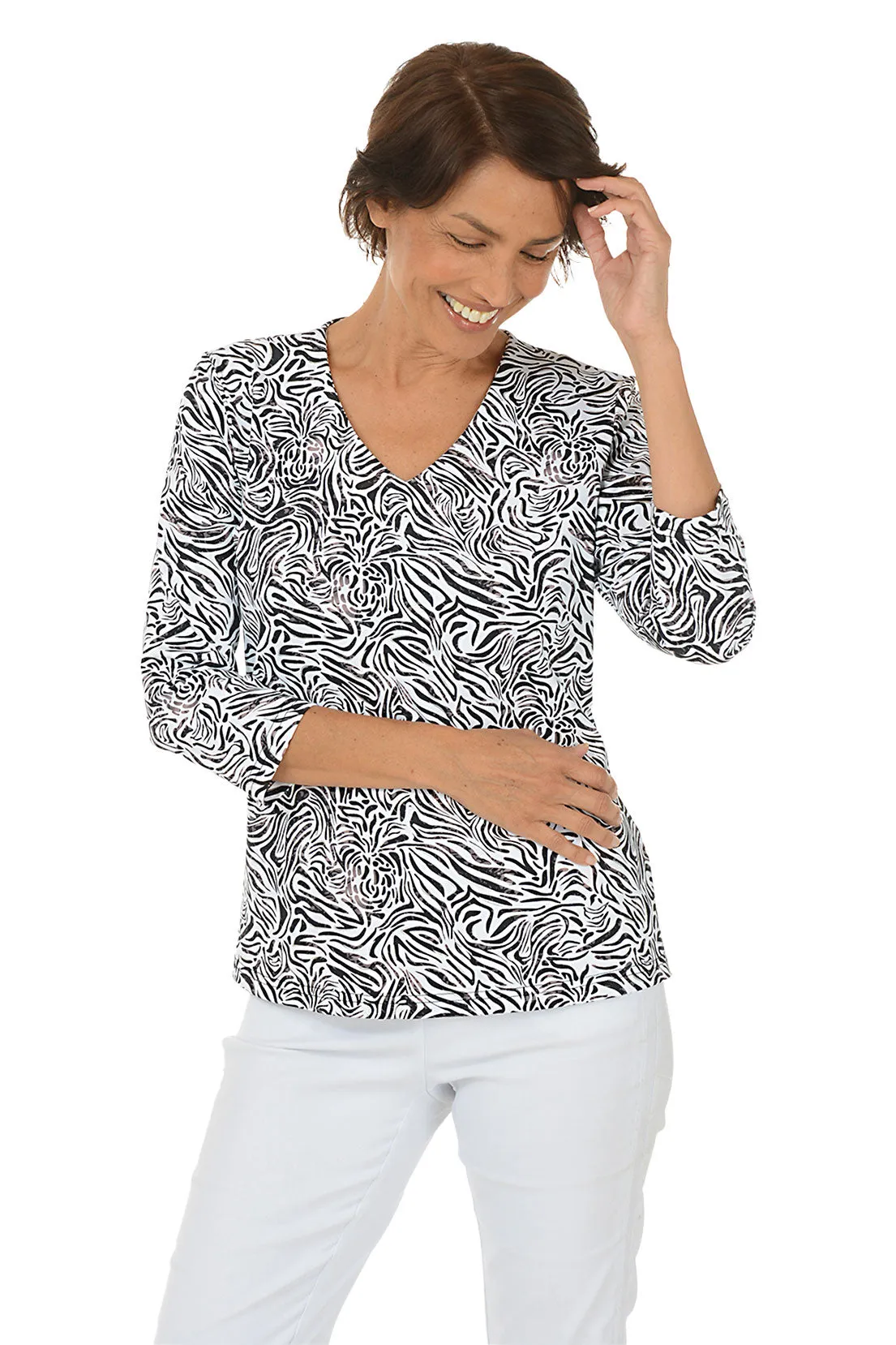 Silver Pineapple Zebra Classic UPF50  V-Neck Top