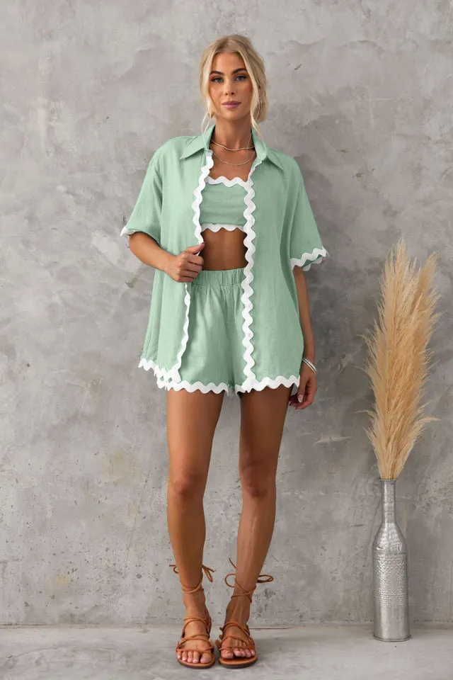 Simple Cardigan Wavy Stitching Set