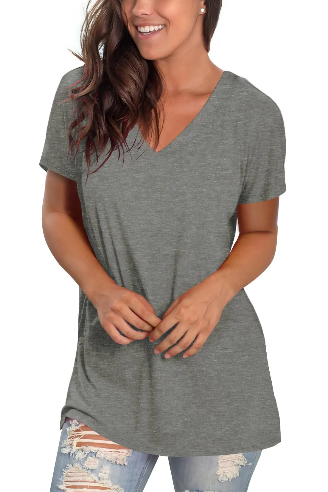 Sipaya Womens Tops V-Neck T Shirts Summer Short Sleeve Plain T-Shirts 2024 Loose Fitting Grey