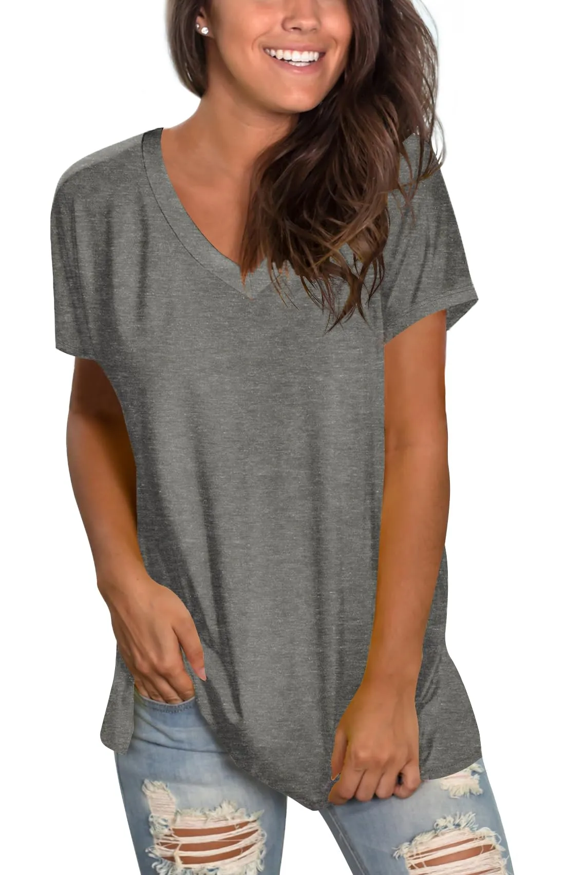 Sipaya Womens Tops V-Neck T Shirts Summer Short Sleeve Plain T-Shirts 2024 Loose Fitting Grey