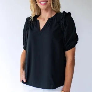 Skylar V-Neck Ruffle Sleeve Top in Black