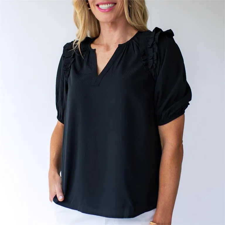 Skylar V-Neck Ruffle Sleeve Top in Black