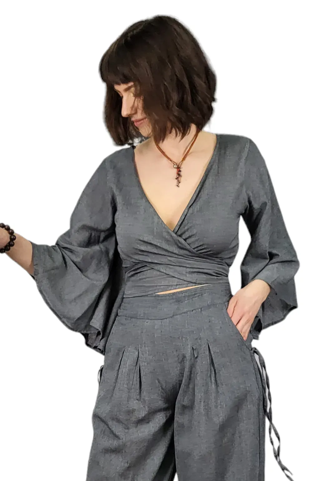 Solid Bell Sleeve Wrap Top