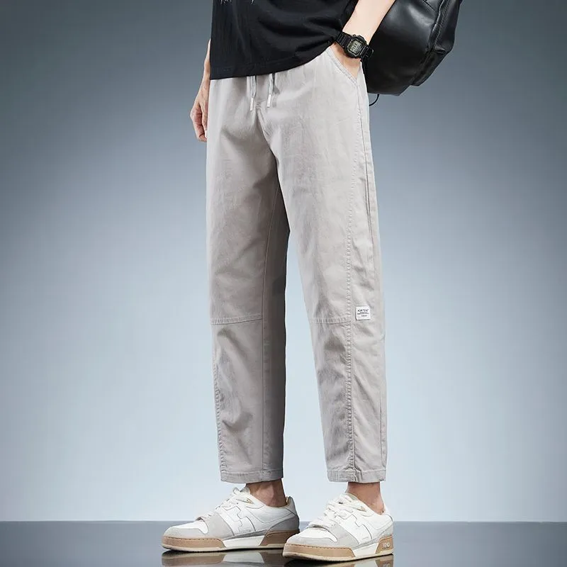 Solid Color Belted-Waist Chinos with Ankle Cut Design