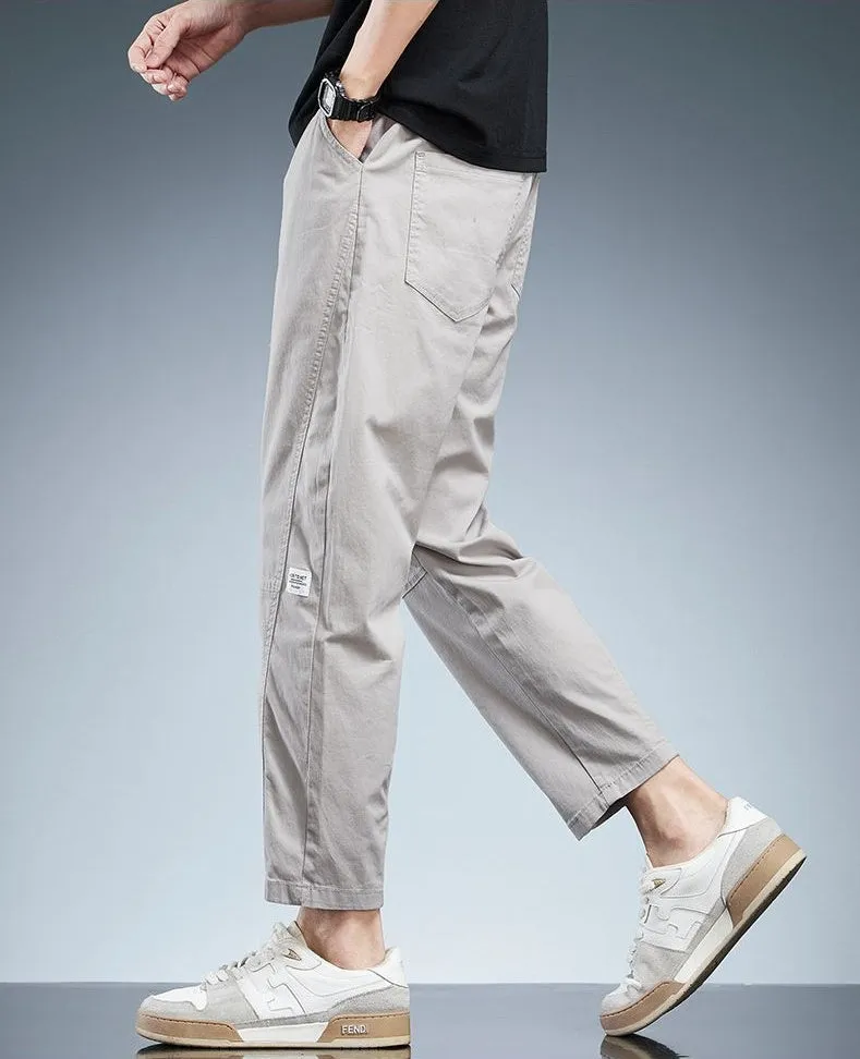 Solid Color Belted-Waist Chinos with Ankle Cut Design