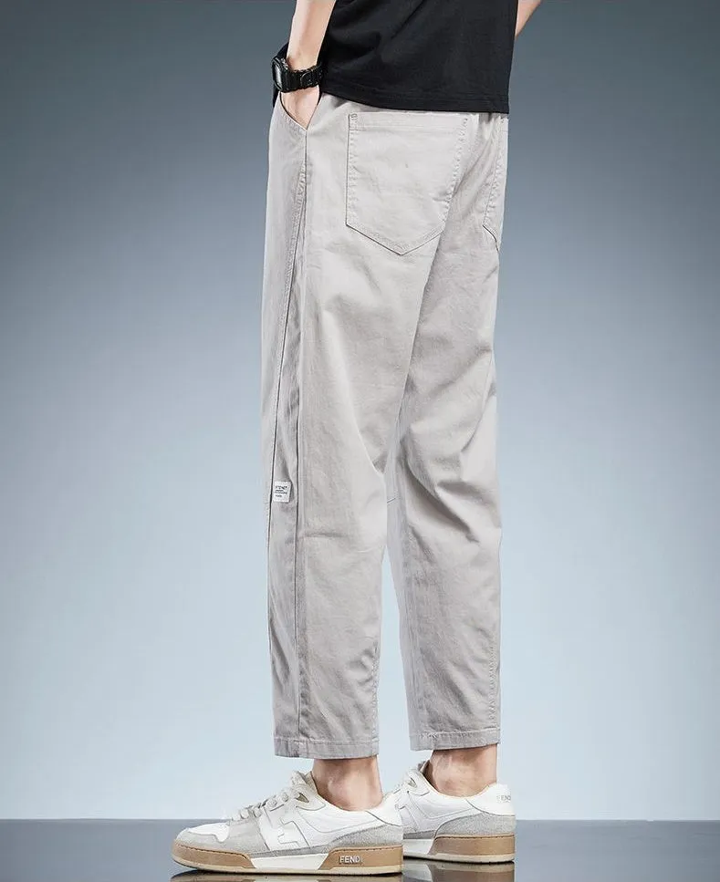 Solid Color Belted-Waist Chinos with Ankle Cut Design