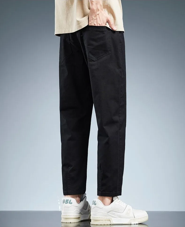 Solid Color Belted-Waist Chinos with Ankle Cut Design