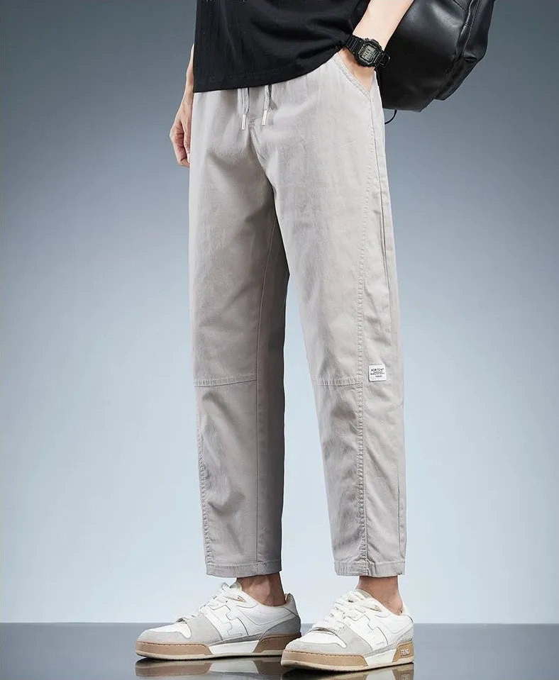 Solid Color Belted-Waist Chinos with Ankle Cut Design