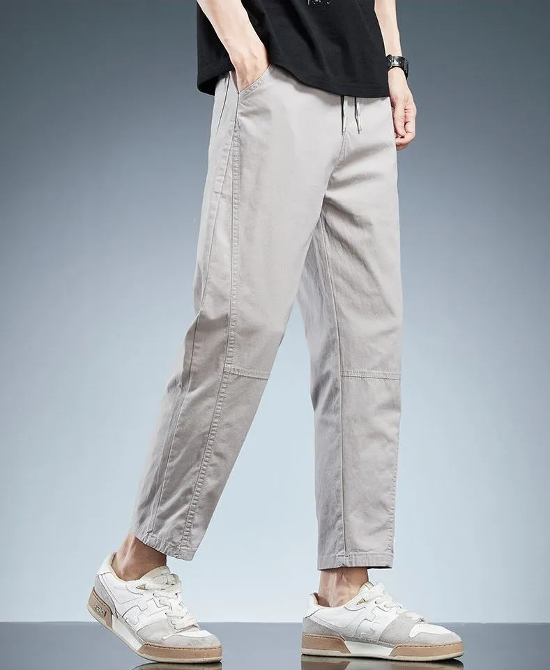 Solid Color Belted-Waist Chinos with Ankle Cut Design
