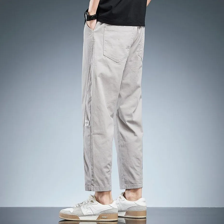 Solid Color Belted-Waist Chinos with Ankle Cut Design