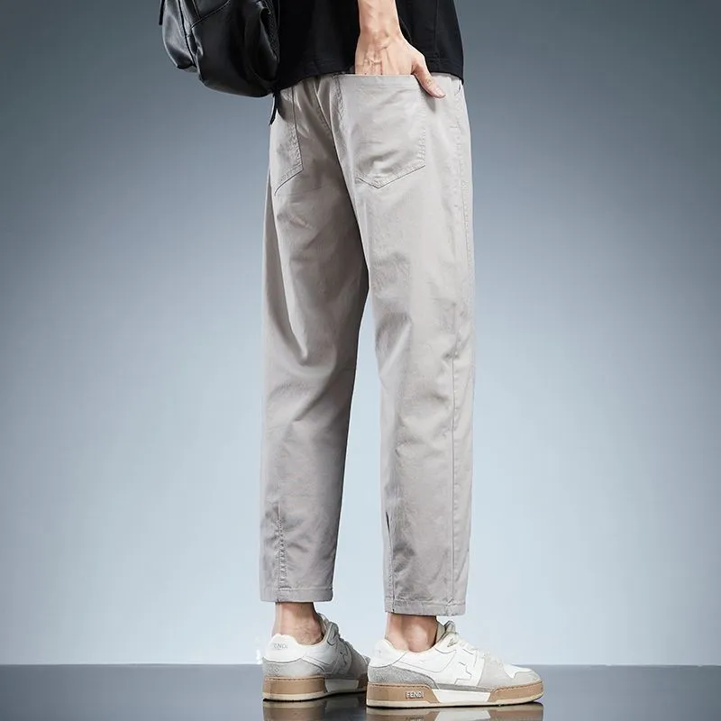 Solid Color Belted-Waist Chinos with Ankle Cut Design