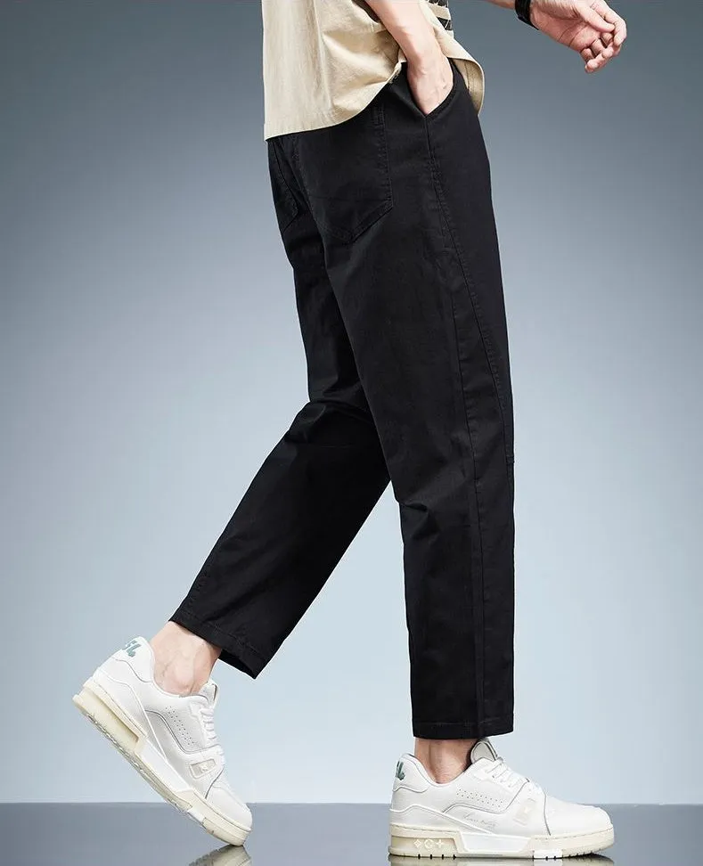 Solid Color Belted-Waist Chinos with Ankle Cut Design