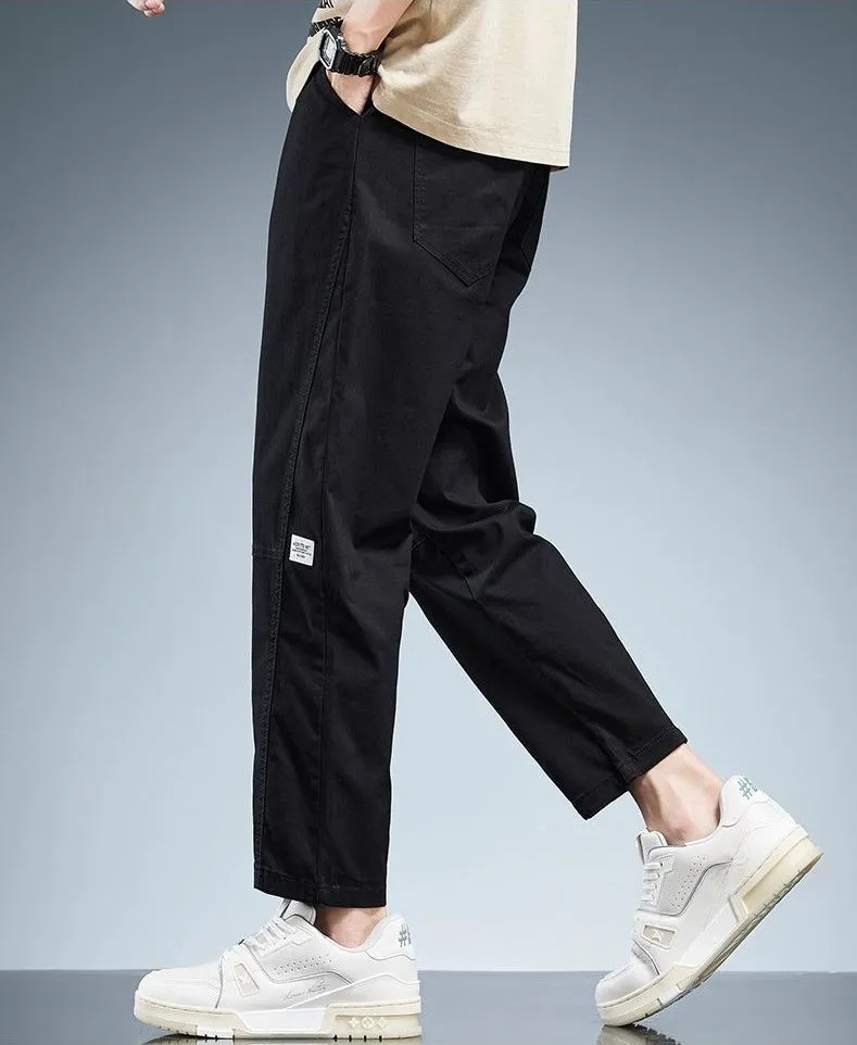 Solid Color Belted-Waist Chinos with Ankle Cut Design