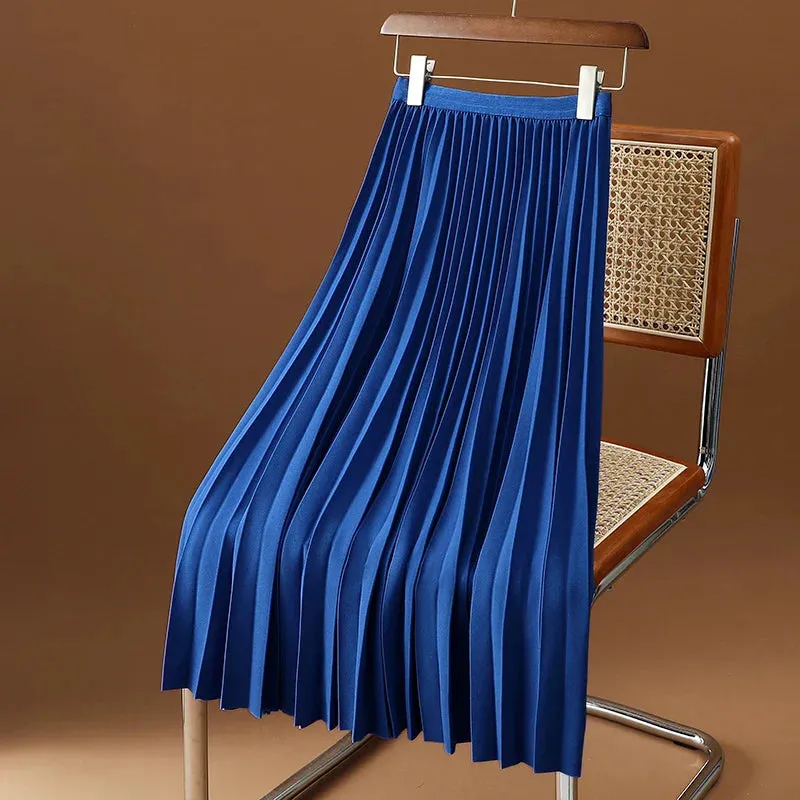 Solid Color Pleated Long Skirt Women Korean Fashion Ladies Work Casual Elastic High Waist A Line Party Skirts Spring Summer