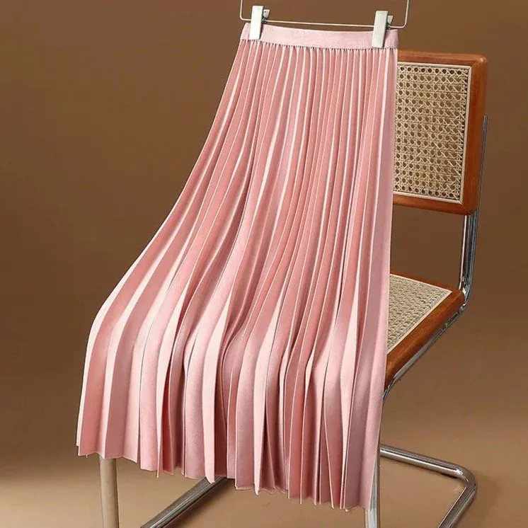 Solid Color Pleated Long Skirt Women Korean Fashion Ladies Work Casual Elastic High Waist A Line Party Skirts Spring Summer