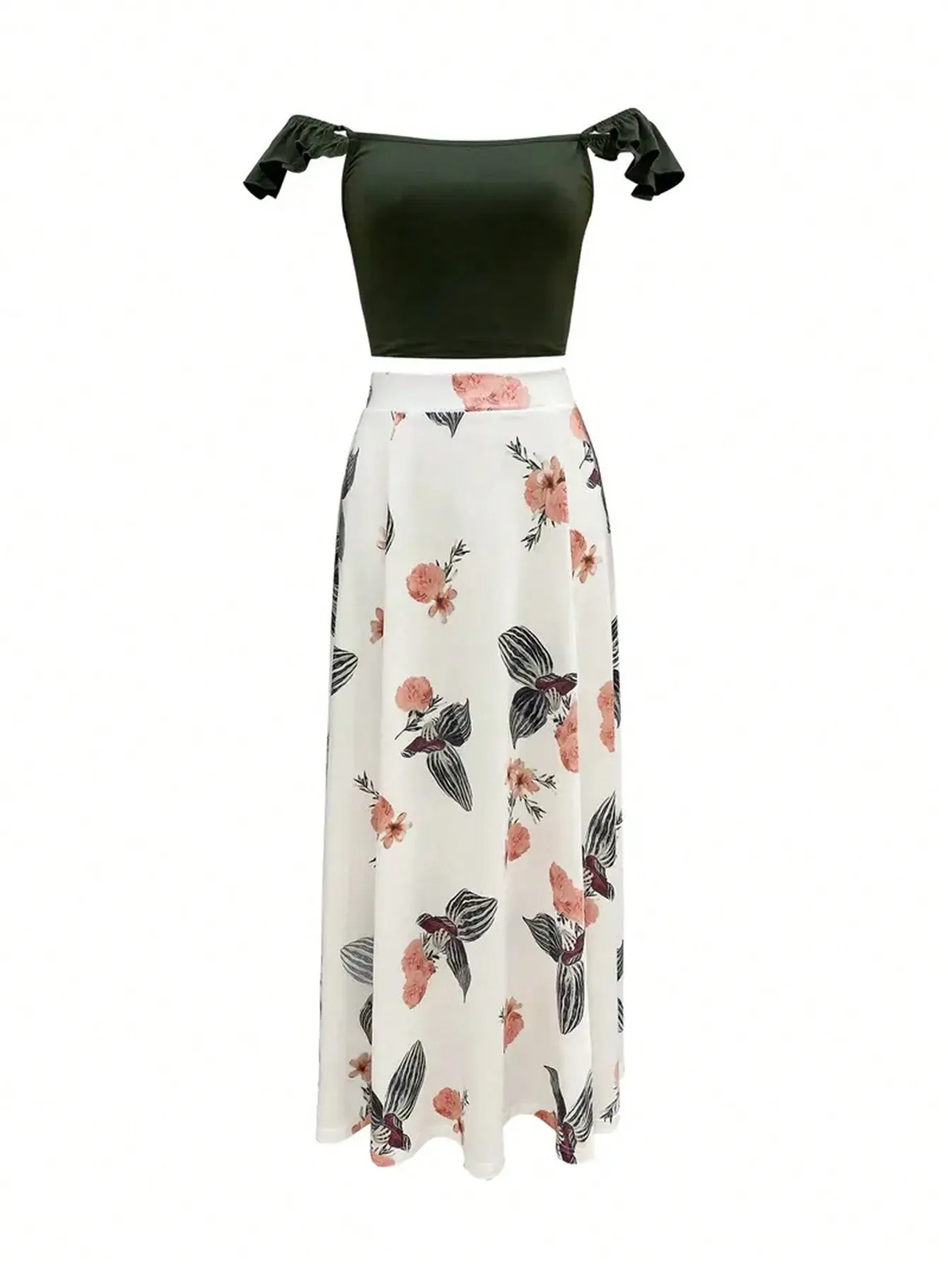 Solid Color Simple Top And Printed Skirt Set