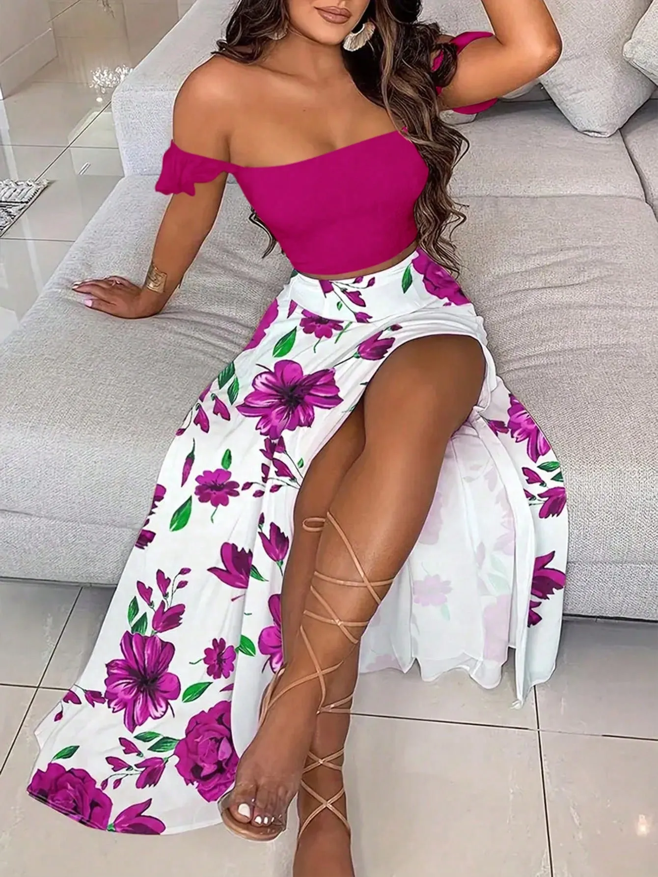 Solid Color Simple Top And Printed Skirt Set