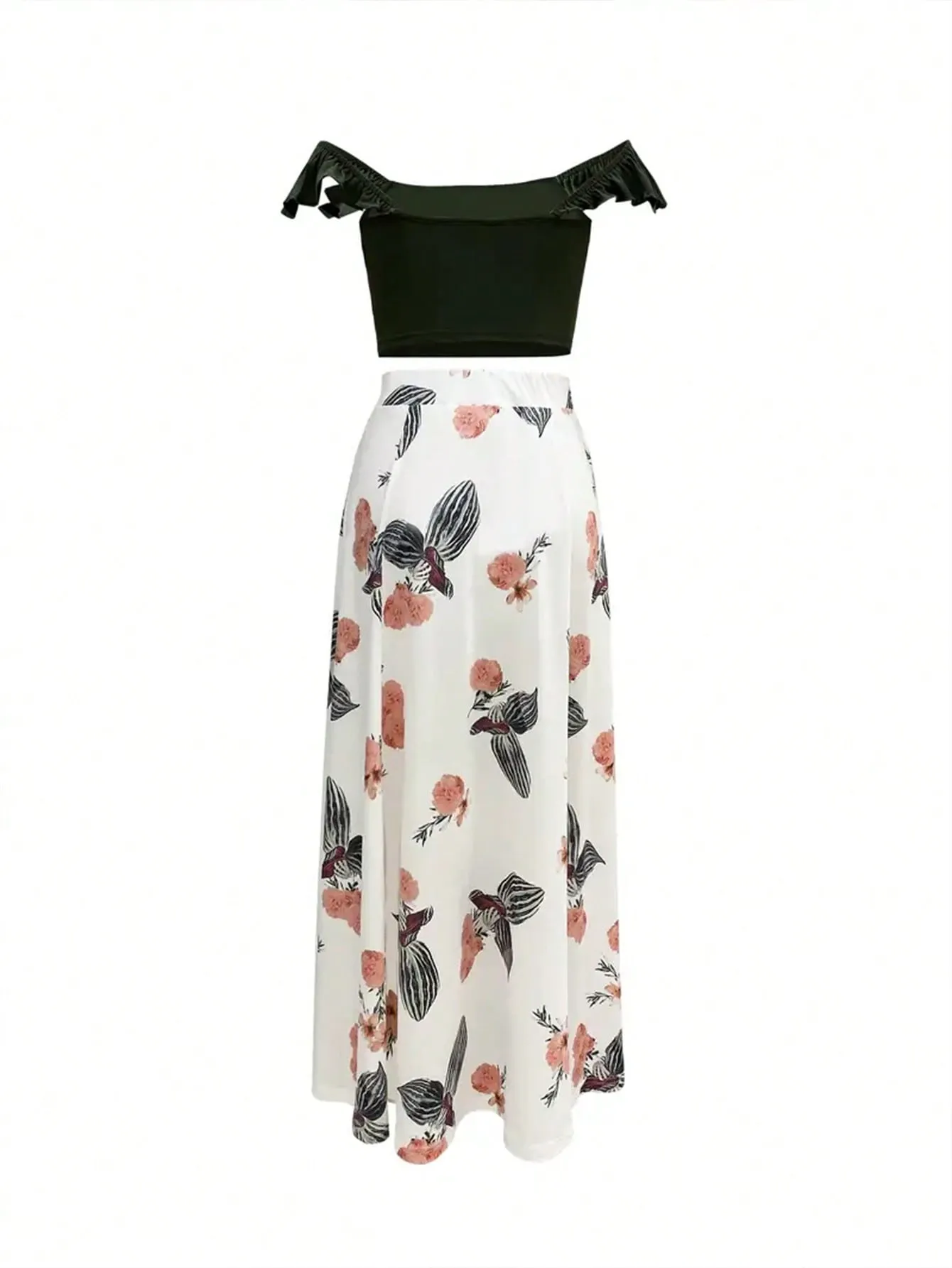 Solid Color Simple Top And Printed Skirt Set