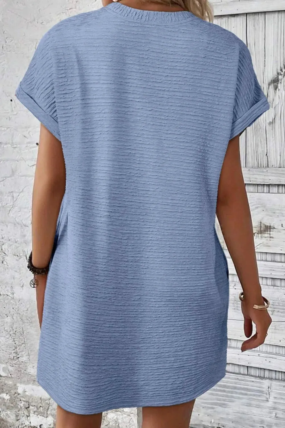 Solid Color Textured Crinkle Short Sleeve T Shirt Dress
