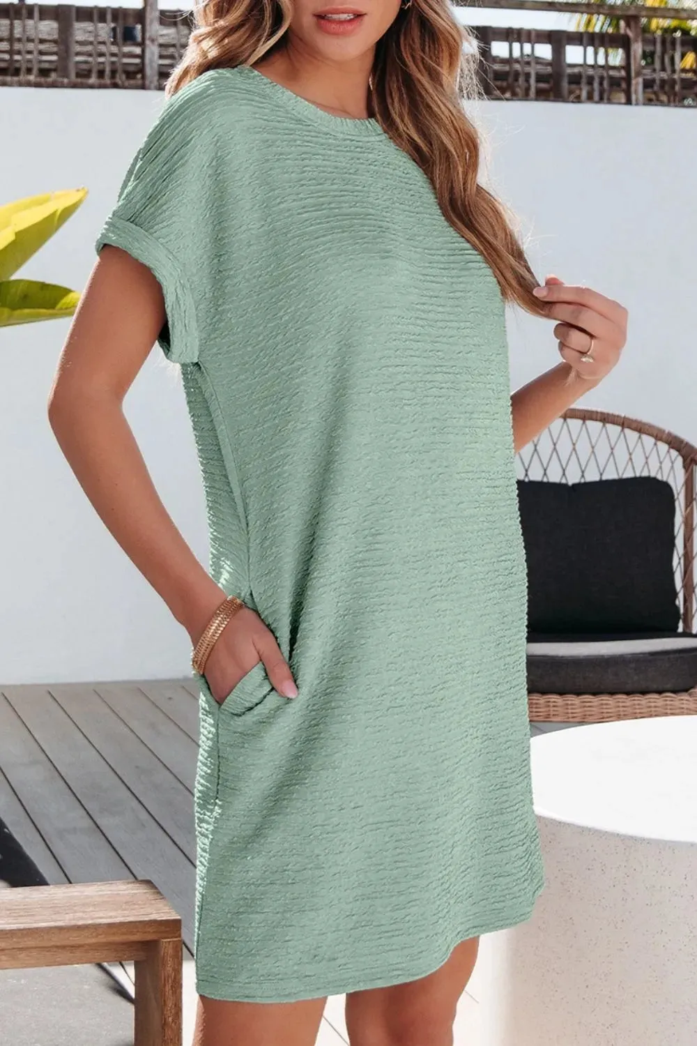 Solid Color Textured Crinkle Short Sleeve T Shirt Dress