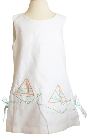 Sophie Dress-White Pique with Sea Salt Print Embroidery