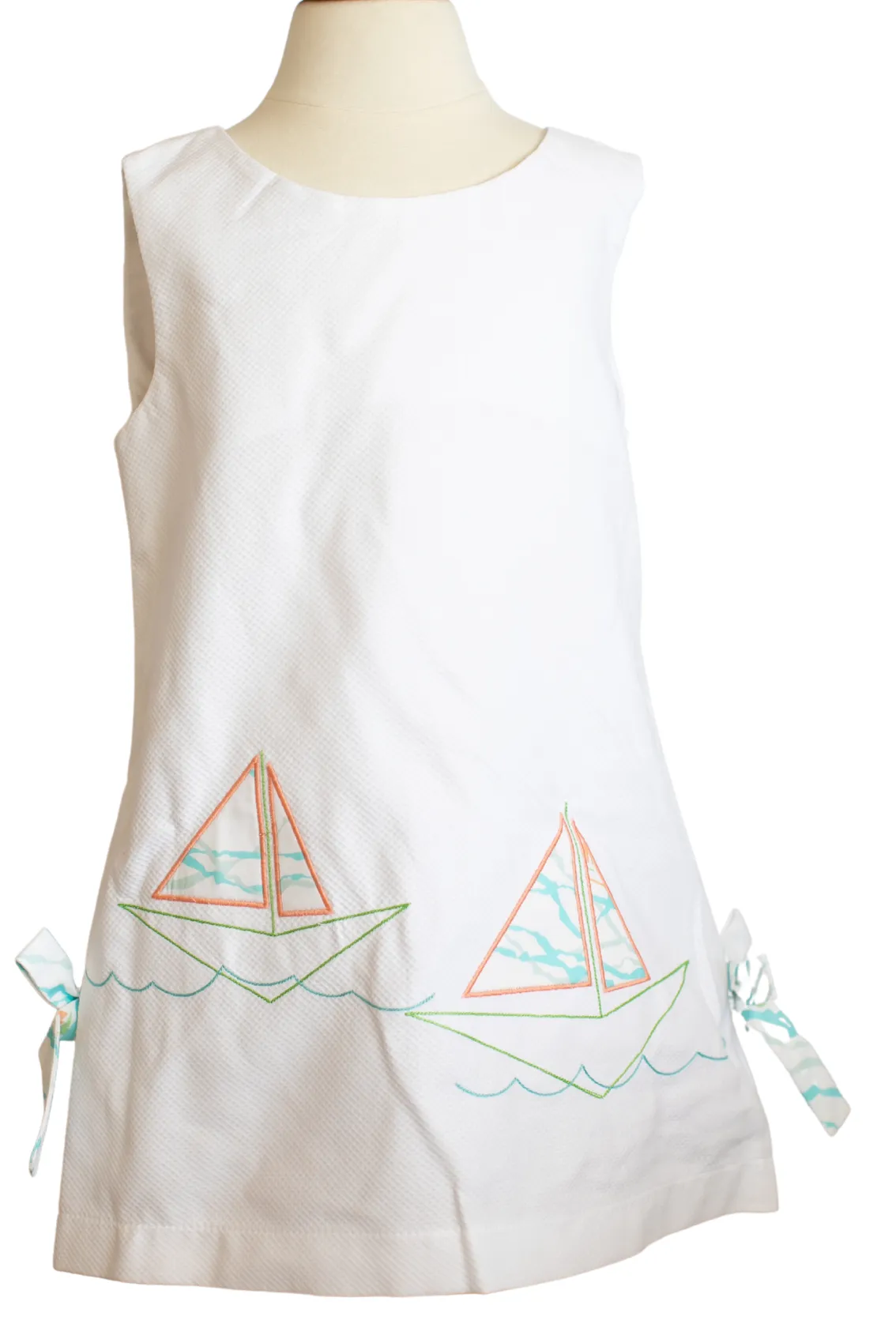 Sophie Dress-White Pique with Sea Salt Print Embroidery