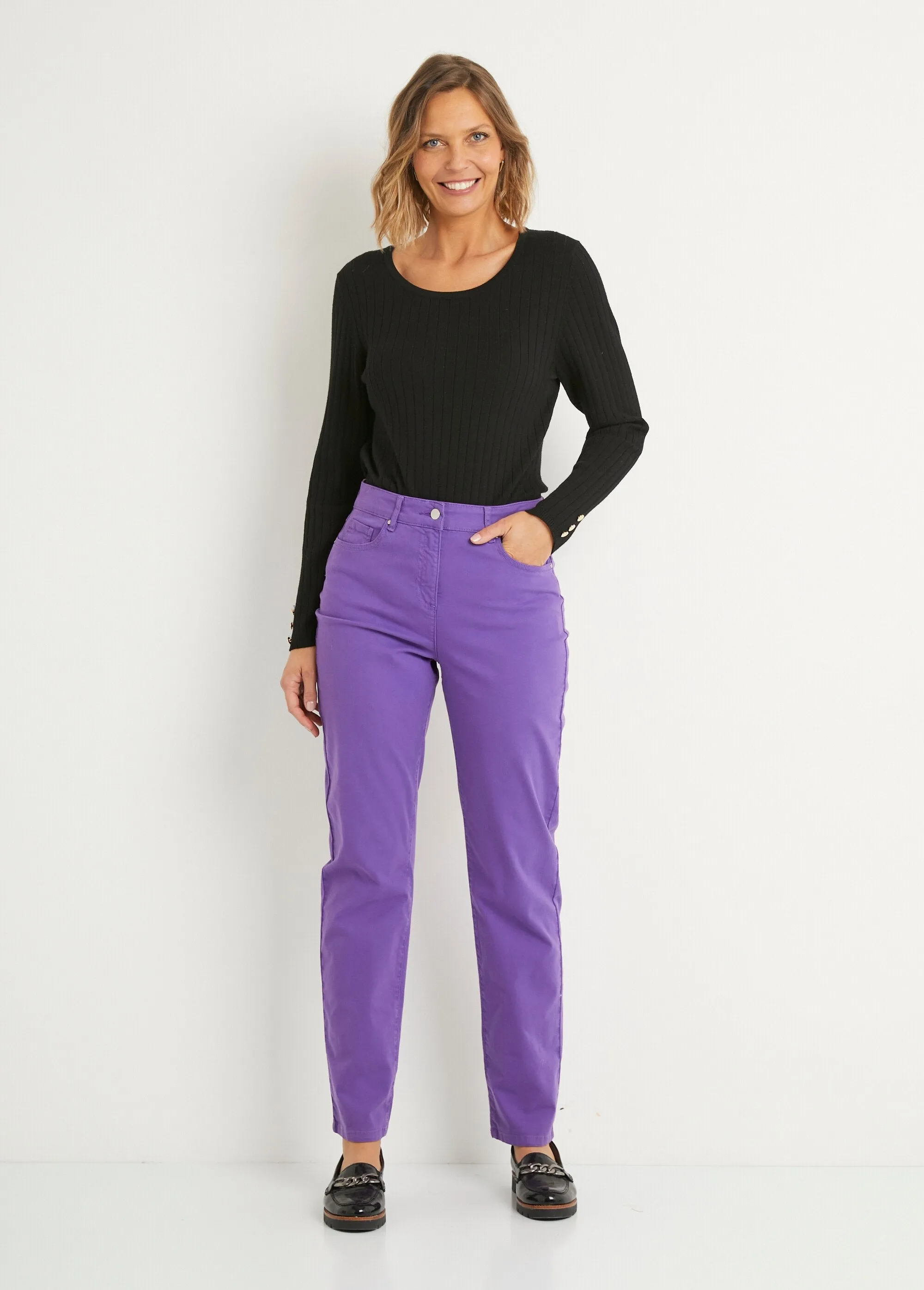 Straight-leg 5-pocket stretch cotton pants
