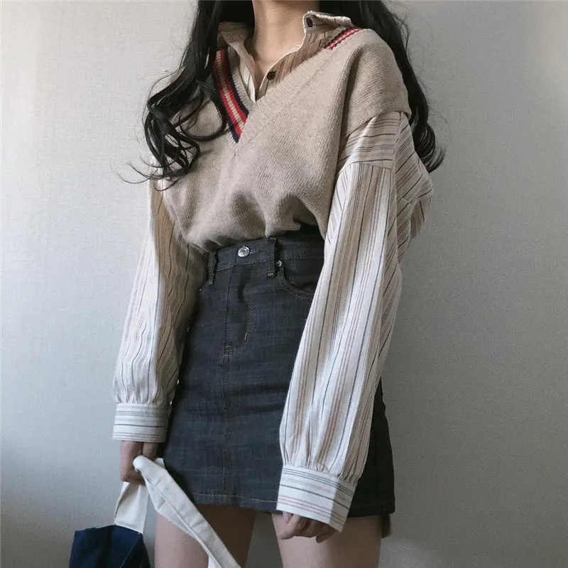 “STRIPE SHIRT & V-NECK SWEATER” SWEATER SUIT W102511