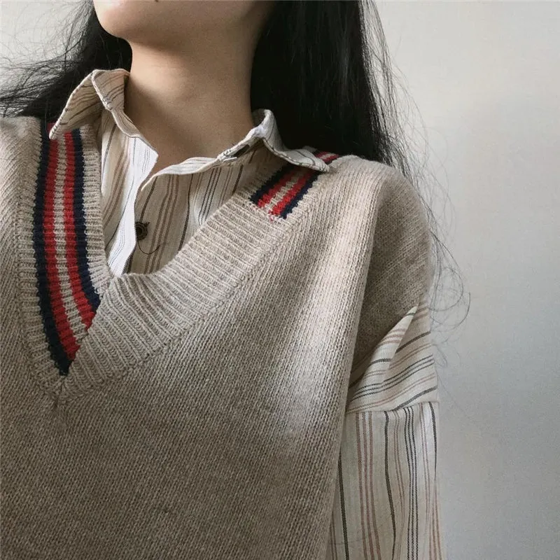 “STRIPE SHIRT & V-NECK SWEATER” SWEATER SUIT W102511